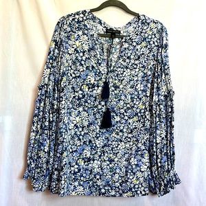 Lane Bryant Women’s Blouse Blue Floral Long Sleeve Tie Tassels 14/16 Boho